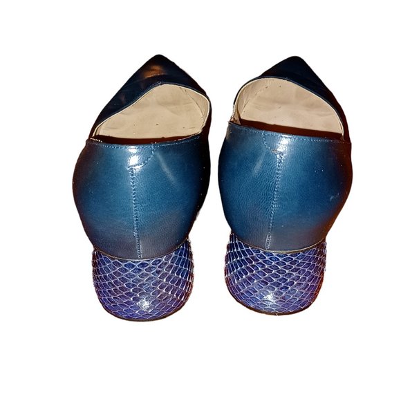 Marc Jacobs Size 37 Navy Blue Leather Point Toe Snake Skin Round Chunky Heel - Picture 2 of 7
